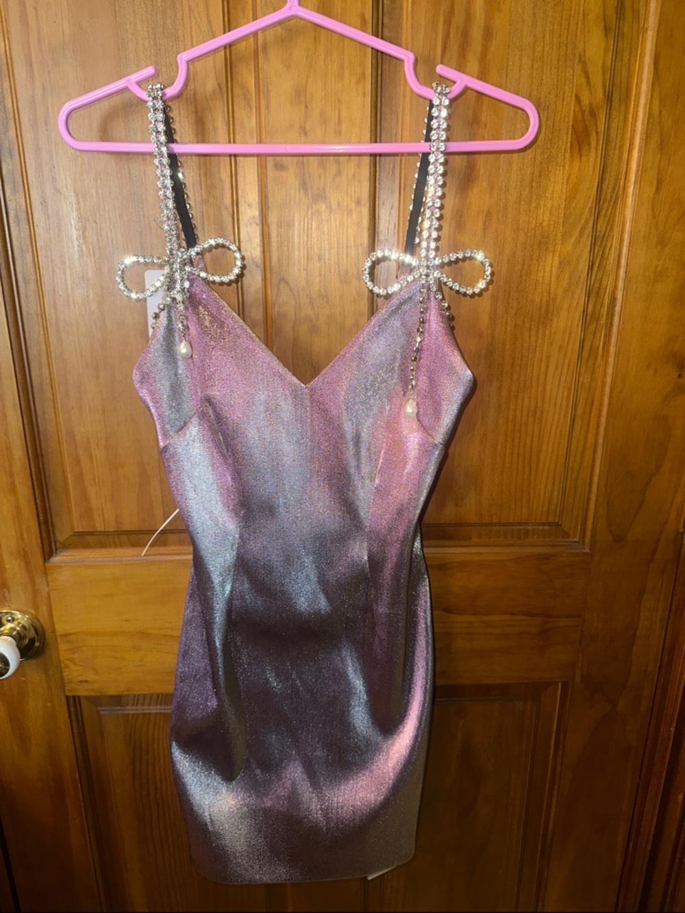 BNWT AREA Iridescent Pink-Purple Bodycon Mini Dress with Rhinestone Bow Straps